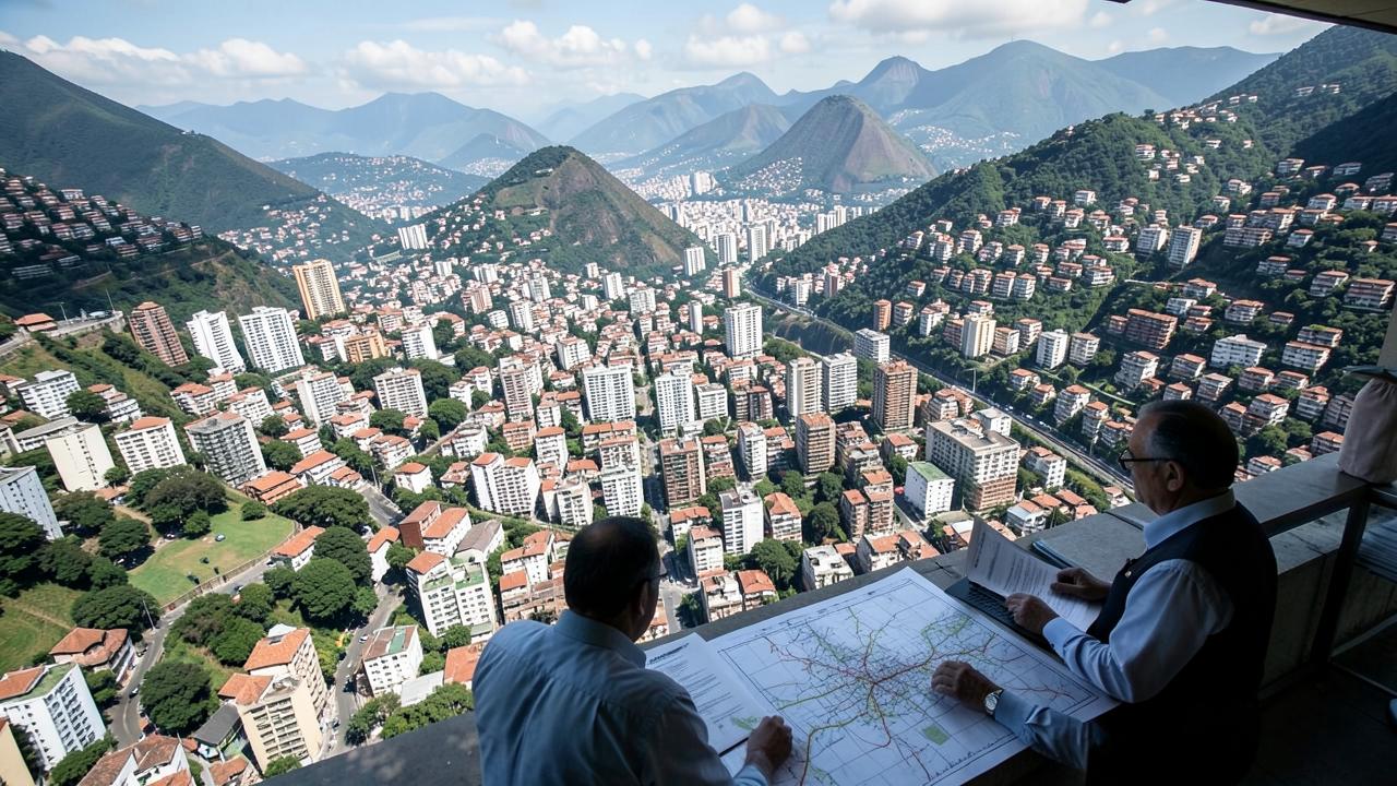 Vista aérea de bairros do Rio de Janeiro com análise de mapas urbanos