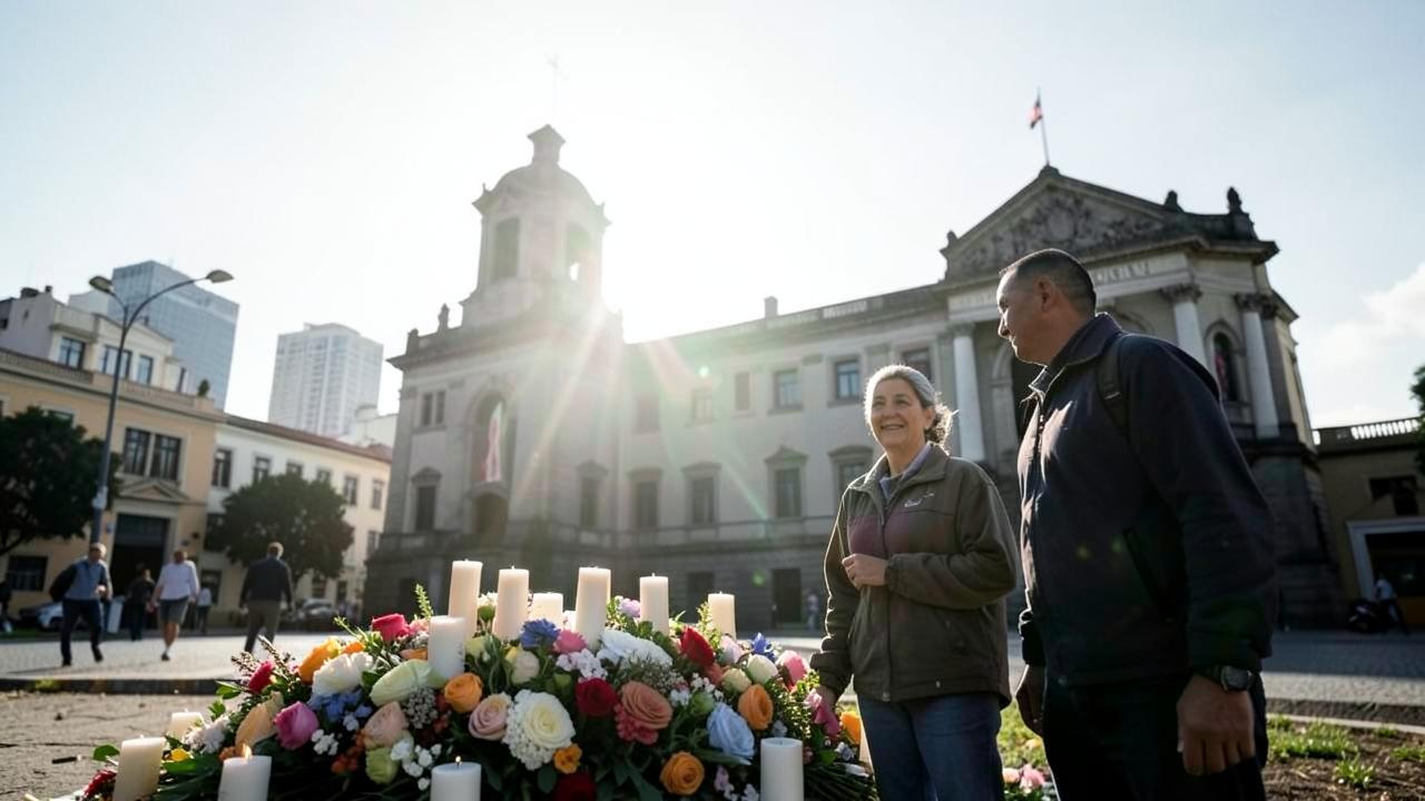 Memorial com flores e velas diante de prédio público no Rio de Janeiro