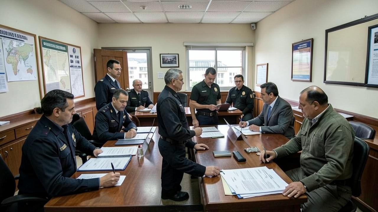 Equipe de investigação analisando documentos em sala institucional
