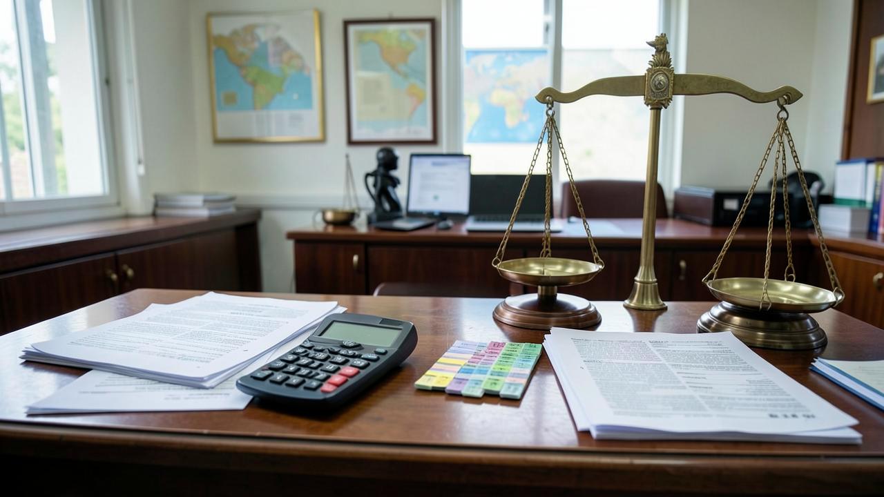 Documentos judiciais e balança da justiça sobre mesa institucional